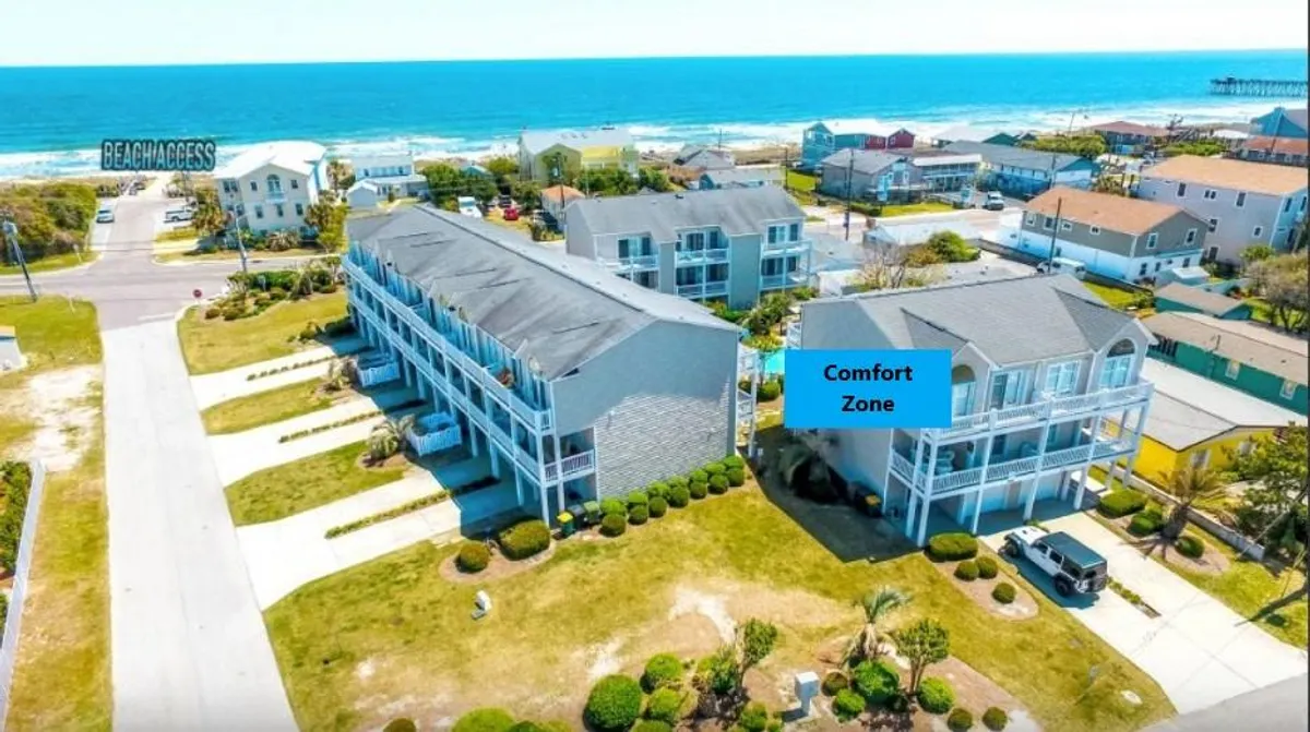 An exterior view of the Comfort Zone building with a clear ocean view, a sign indicating beach access, and inviting outdoor spaces—perfect for quick walks to the sand and seaside activities.