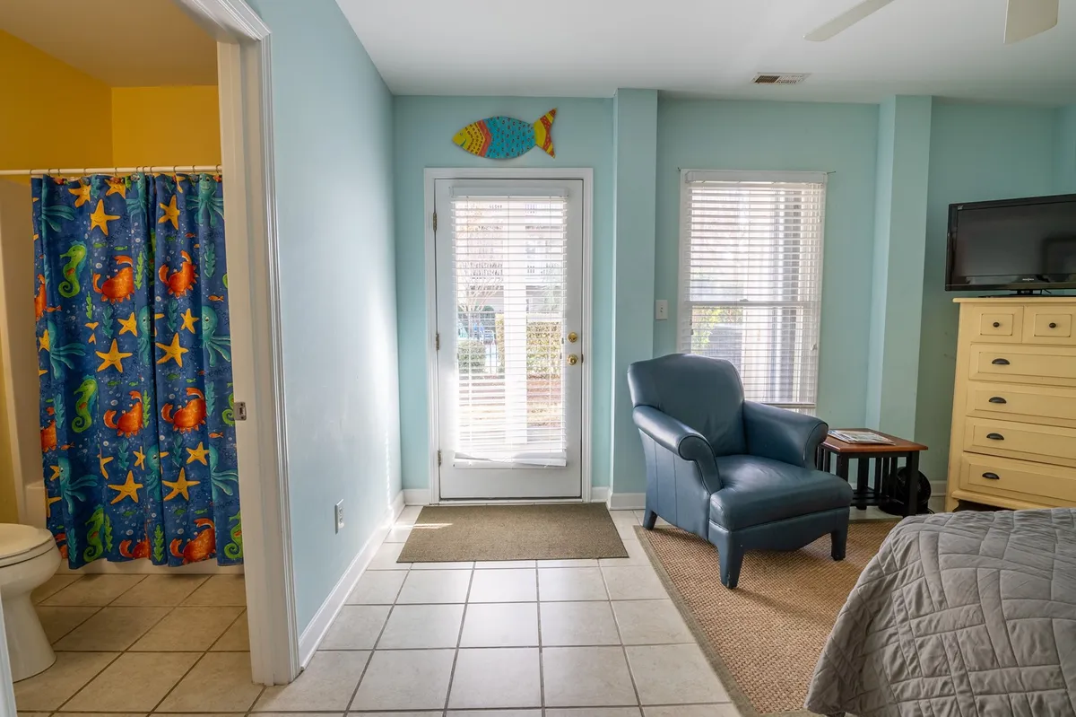 A cheerful room with a blue armchair, sliding glass door streaming in natural light, TV on a cabinet, and a colorful shower curtain. The mixed-use layout suggests versatility for both relaxation and entertainment.